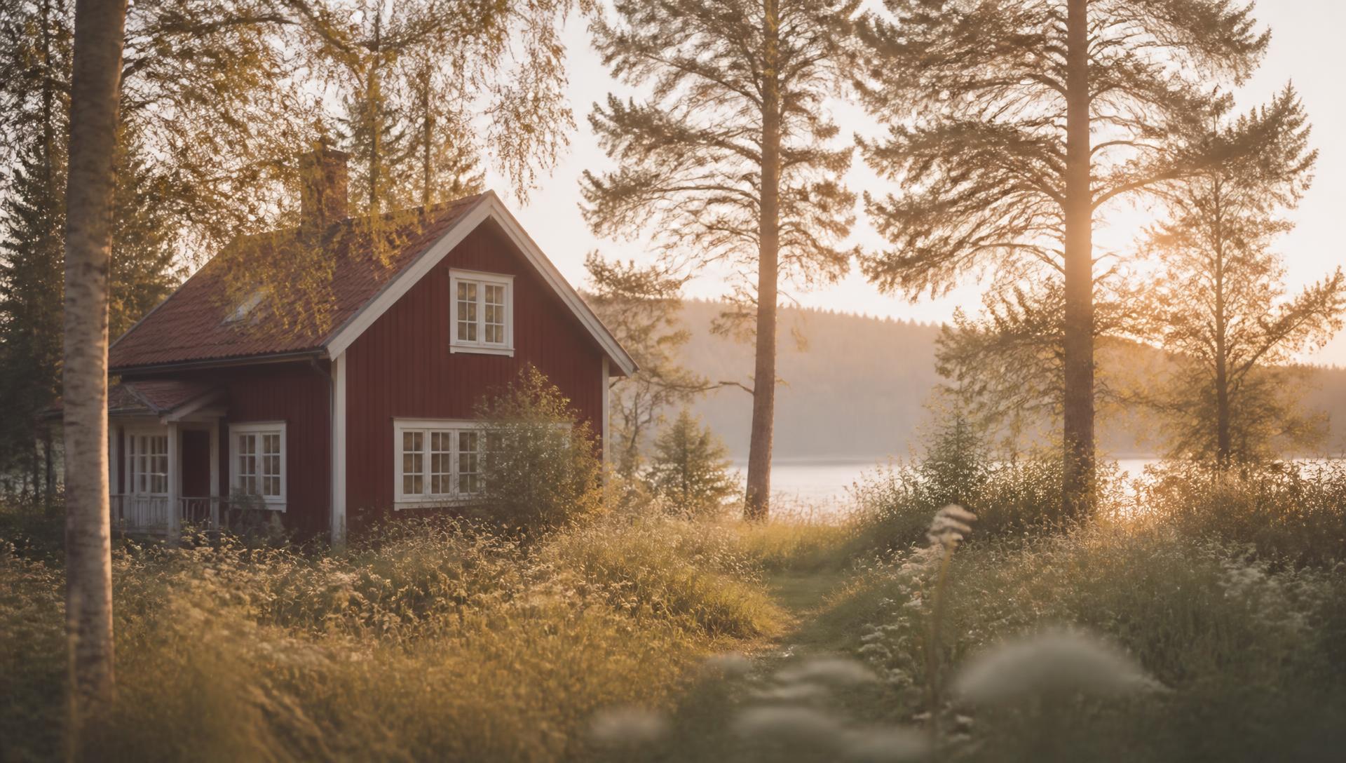 Röd stuga med vita knutar på den svenska landsbygden i kvällssol